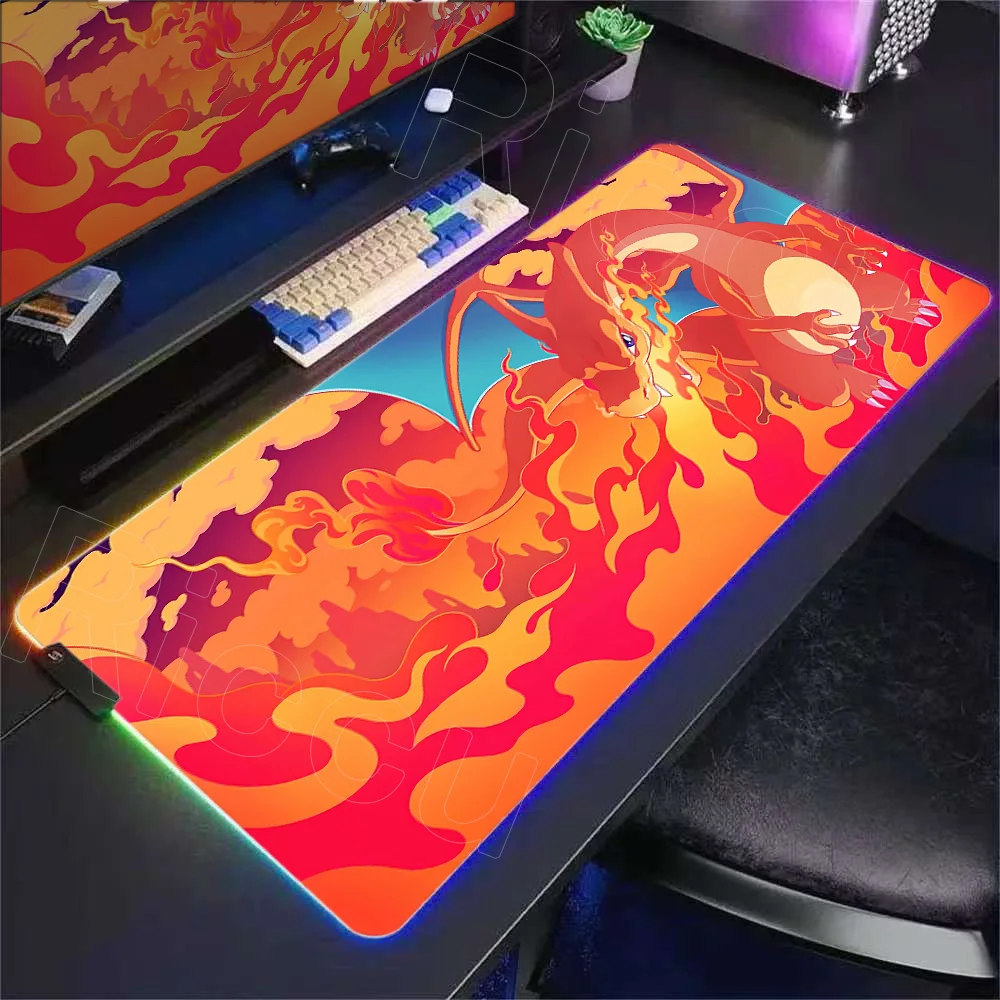 RGB Mouse Pad Office Laptop Japan Anime Pattern Mousepad PC Flame Dragon Charizard Desk Mat Large New PokemonS Cool Keyboard Rug