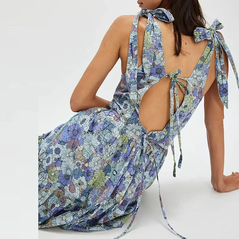 

Vintage Print Suspender Evening Dress Sexy Sleeveless High Waist Lace Up Boho Dress Womens Elegant Backless Pleated Long Dresses