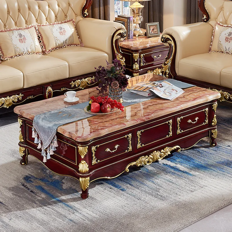 

European style marble coffee table TV cabinet combination red sandalwood solid wood carved paint coffee table