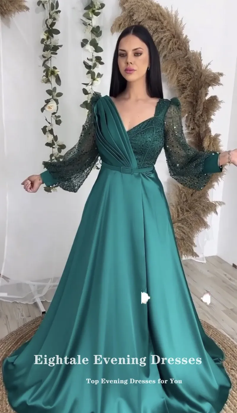 Eightale Emerald Green Evening Dress Glitter Sparkly Long Sleeves Customized Prom Party Gowns for Graduation abendkleid damen