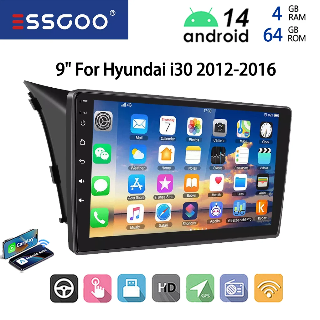 ESSGOO 9" Touchscreen 2DIN Display Android 14 Voor Hyundai i30 2012-2016 Draadloze CarPlay Android Auto Autoradio GPS Navigatie FM BT RDS Mirror Link Multimedia Speler
