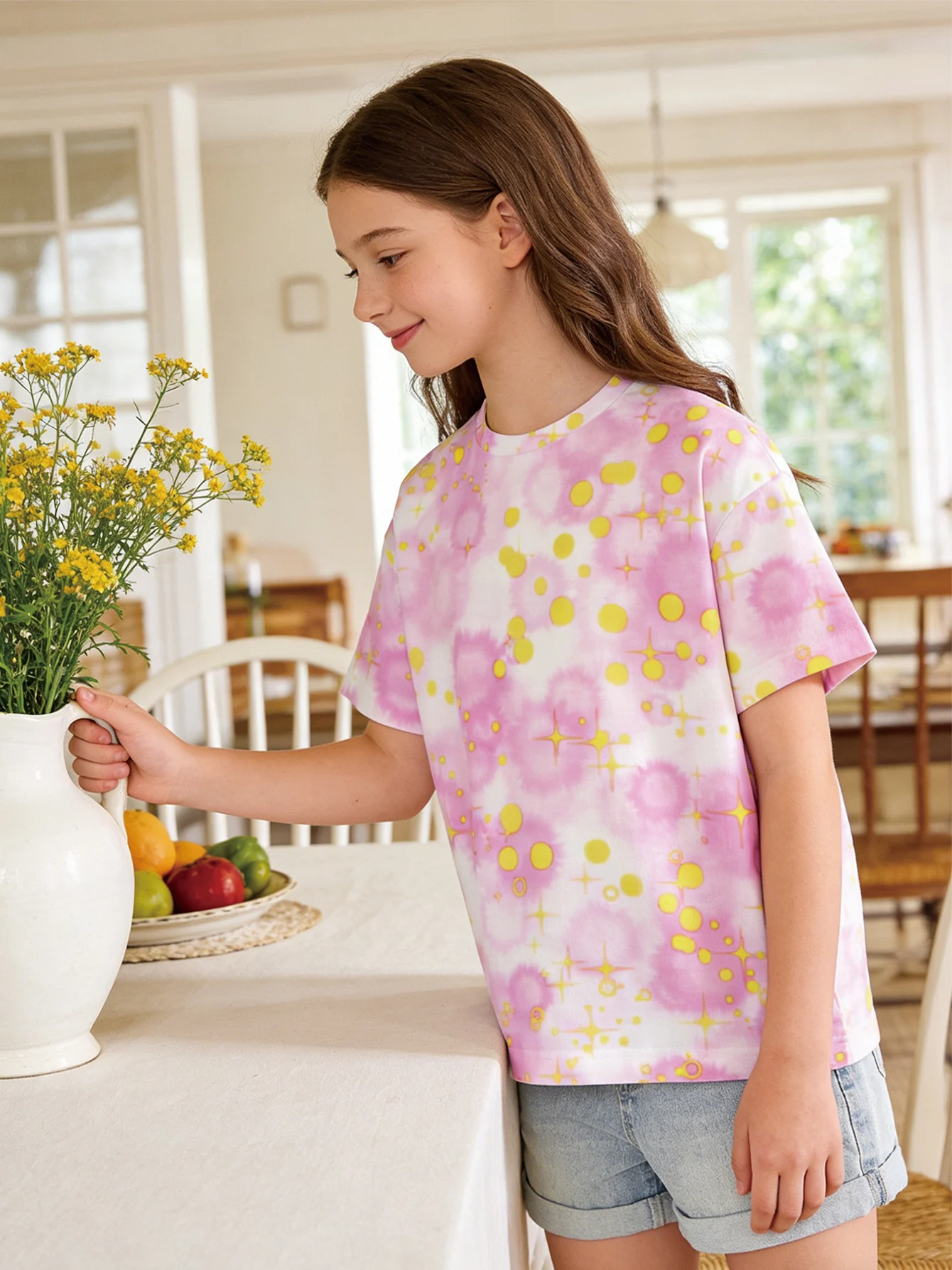 

2026 girls pink gradual change tie-dye polka dot stars full print short-sleeved T-shirt, casual top
