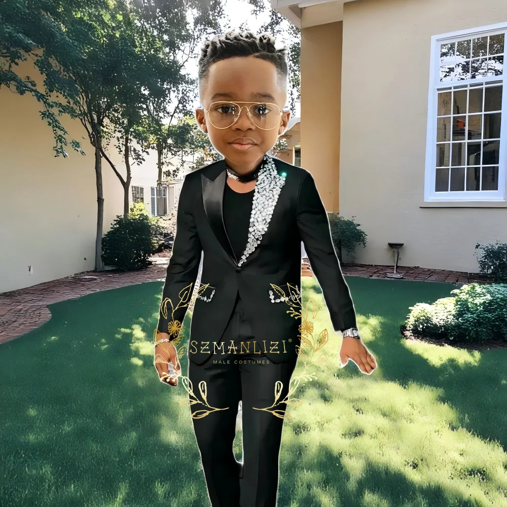 

Crystal Boys Suits 2 Piece Set Wedding Kids Black Blazer Pants Fashion Design Custom 2-16 Years Old Slim Fit Boys Suit