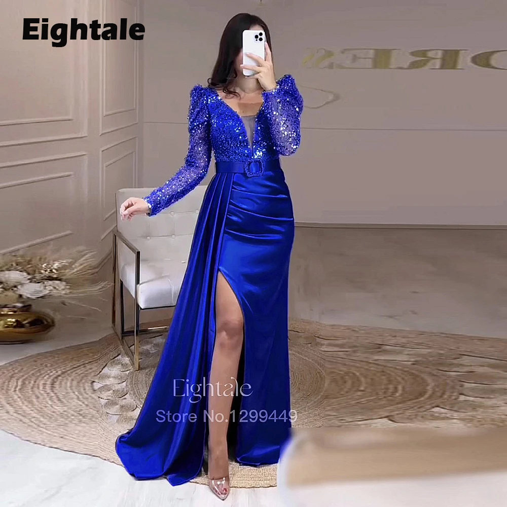 Eightale-Sereia cetim vestidos de noite, plus size, decote em v, frisado, mangas compridas, árabe, formal, celebridade, baile, vestidos de festa para casamento