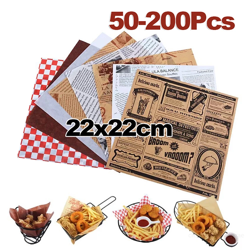 50-200 Uds Deli Papel encerado viejo periódico a prueba de grasa 22x22CM hamburguesa pan envoltura cesta estera para patatas fritas sándwich Papel Antigrasa