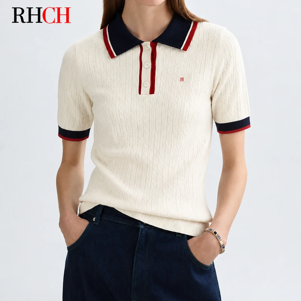 RHCH Women's Knit Polo Shirt Short Sleeve Cable Pattern Embroidered Logo Contrast Collar Casual Elegant Summer Top