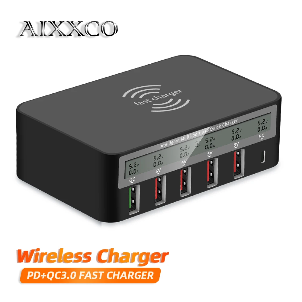 

AIXXCO 100W USB PD Charger LED Display Laptop Desktop USB C Wireless Charger For iPhone 12 Xiaomi Charging Station Fast Charger