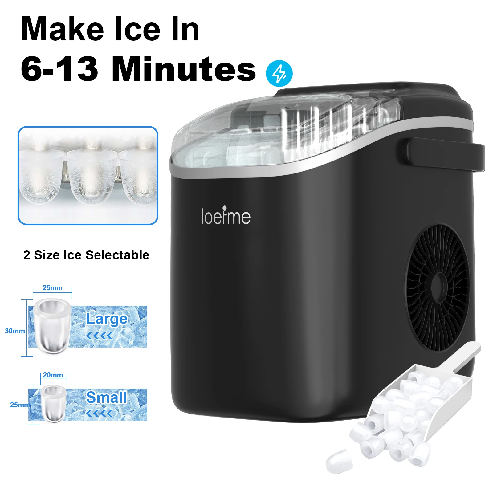 LOEFME Countertop Ice Cube Maker Machine 1.2L Electric 12KG/24H Automatic Cleaning Bullet Ice Ice Out Time 6-13 minutes