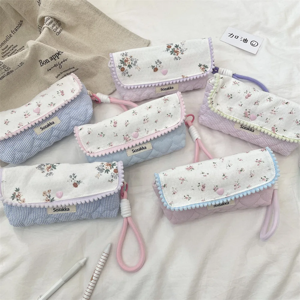 Ins Aesthetic Korean Floral Print Pencil Bag Large Capacity Multi‑use Student Stationery Organizer Pouch