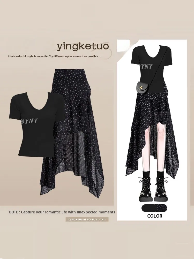 

Black Polka Dot Asymmetrical Skirt And Short Sleeve Top Women's Fashion Set Summer Slimming High End Feelings Midi Two Piece ...