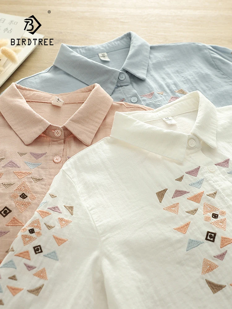 

New 2026 Spring Women Cotton Yarn Long Sleeve Shirt, Turn-down Collar Embroidery, Mori Girl Ethnic Style Loose Blouse T62527CC