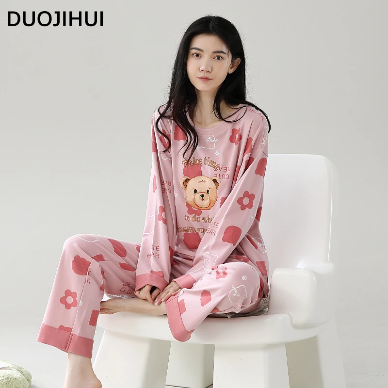 DUOJIHUI-قطعتين طباعة منامة مجموعة للنساء ، س الرقبة البلوز ، الأساسية بسيطة بانت ، فضفاضة Casual ، الإناث الموضة ، الخريف ، جديد