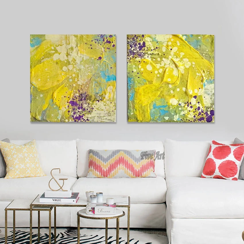 2 Panel Canvas Wall Art, Yellow Thick Acrylic Simple Abstract Oil Painting, Frameless, Living Room Pictures, Decorative Items