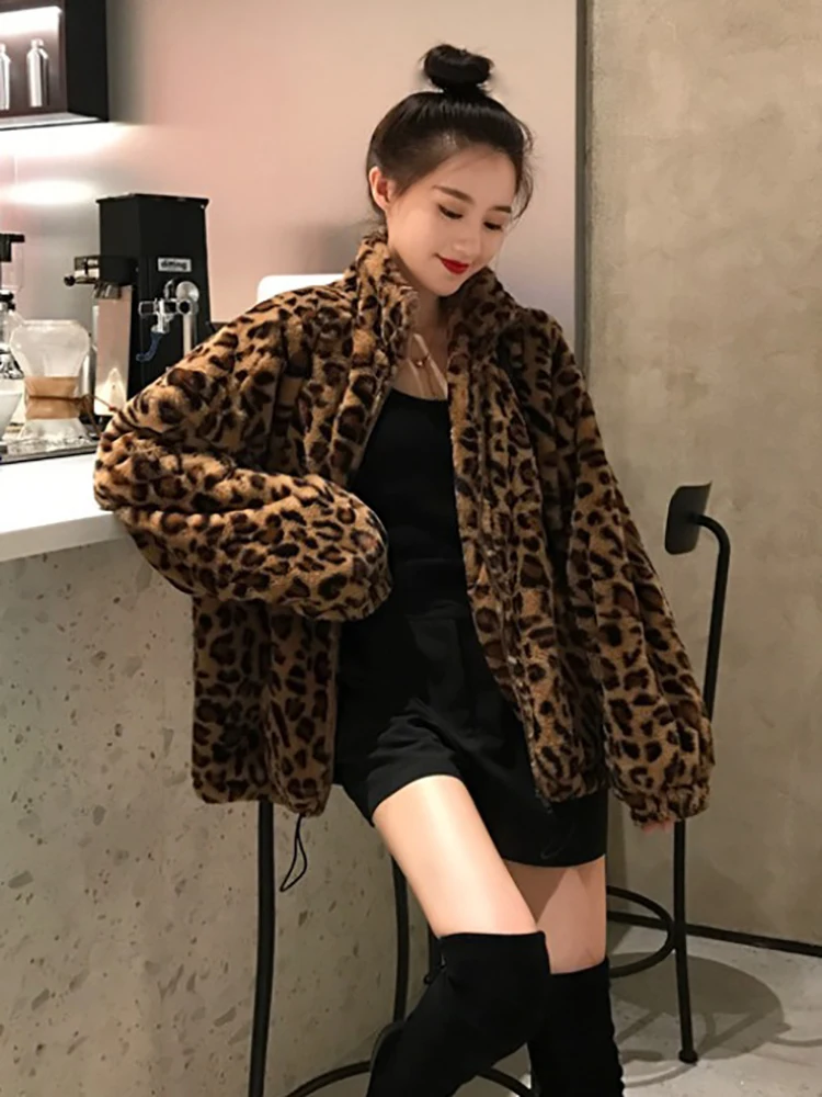 Winter Leopard Print Jacket Women\'s Stand collar Warm Parkas Outwear 2024 New Autumn Winter Korean Female Loose Faux Fur Coats