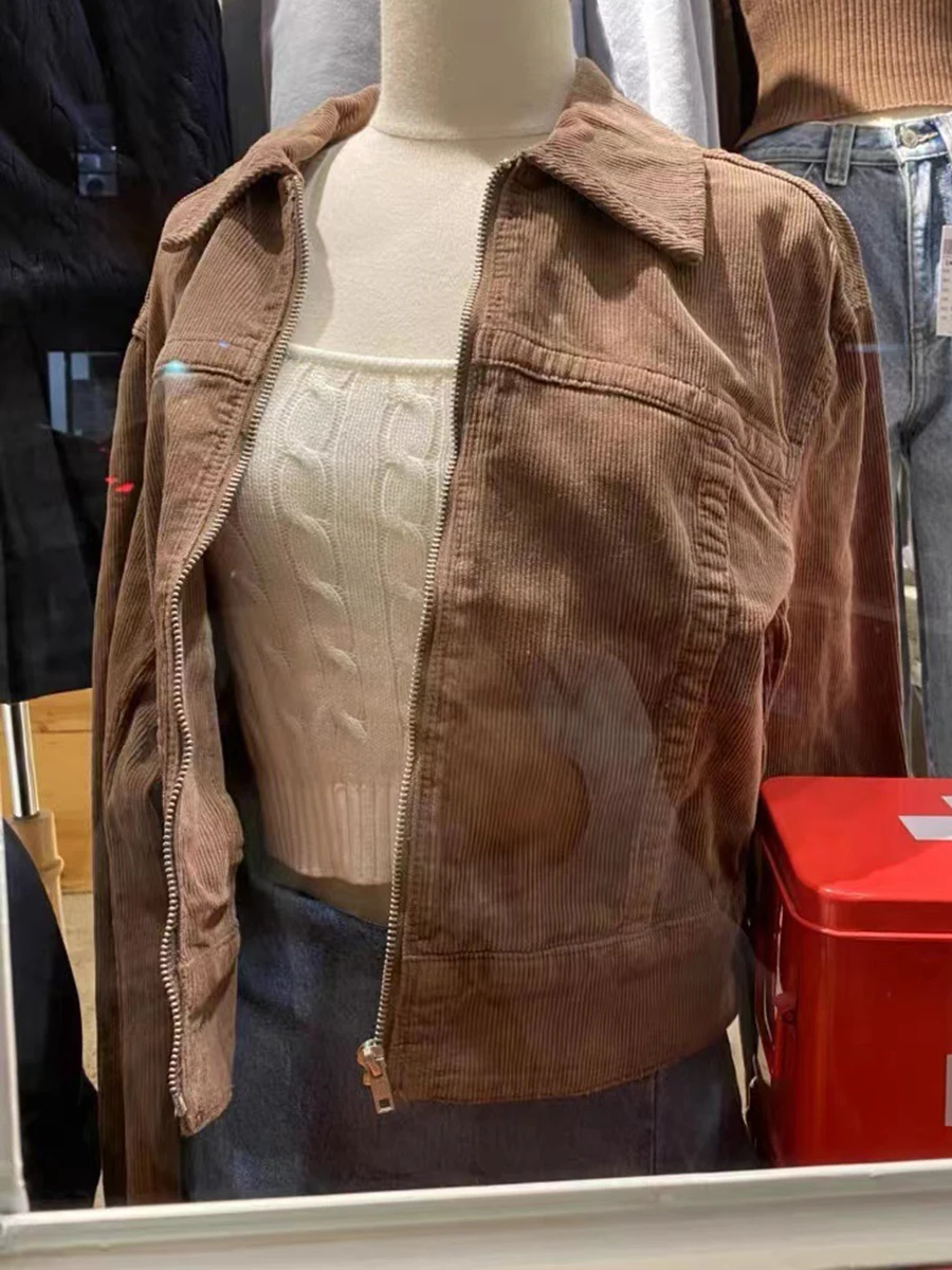 

Brown Corduroy Cropped Jacket Women Autumn Zipper Turn Down Collar Preppy Style Coats Fashion Streetwear Thick Outerwear Y2K