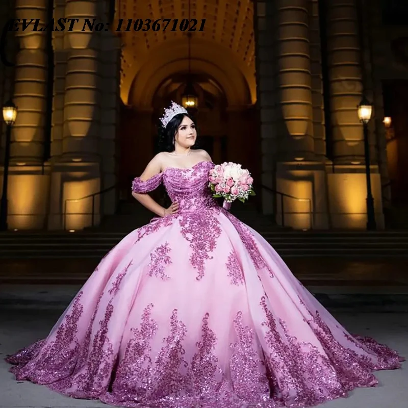 EVLAST-vestido De quinnceañera De lavanda brillante, vestido De baile, apliques De encaje brillante con cuentas, corsé mexicano dulce 16, Vestidos De 15 años SQ618