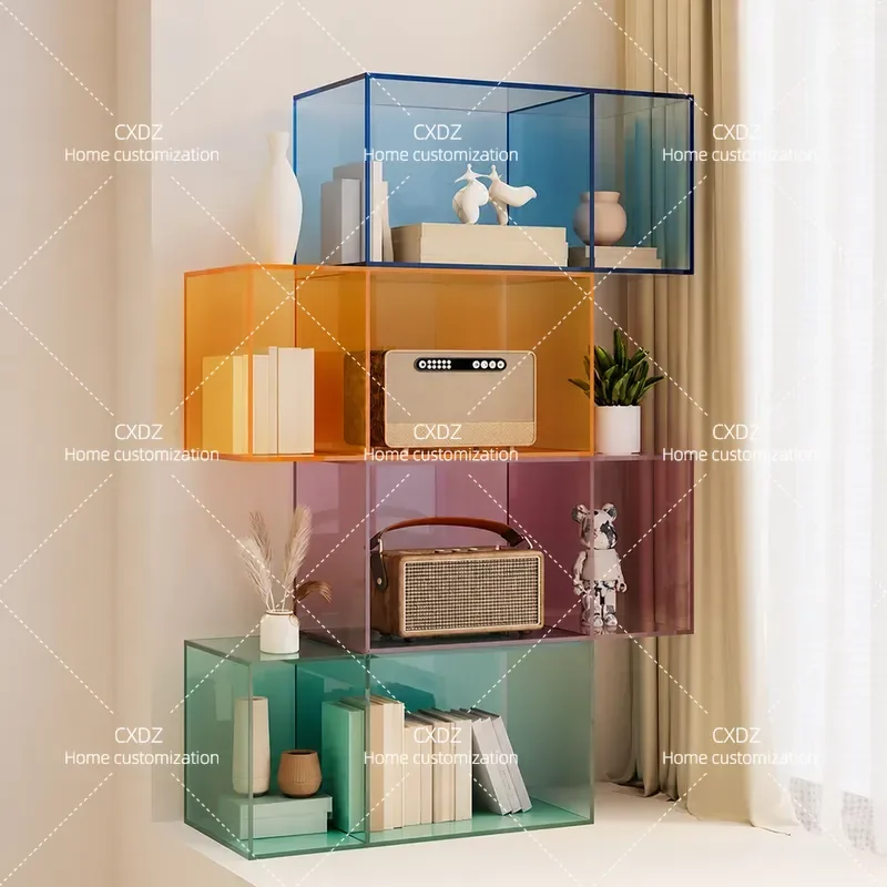 Light Luxury Bay Window Bookcase Solid Wood Corner Floor Cabinet Acrylic Storage Shelf for Living Room Bedroom Household