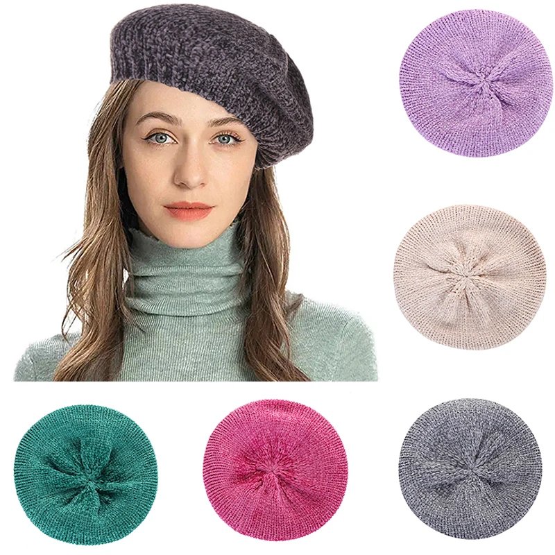 New Fashion Women Knitted Chenille Beret Hats For Lady Winter Berets Autumn Casual Warm Hat Female Solid Color Hats Elegant Caps