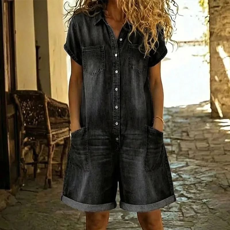 

Vintage Short Sleeve Loose Commute Wide Leg Rompers Summer High Waist Playsuits Overalls 2026 Lapel Multi Pocket Denim Jumpsuits