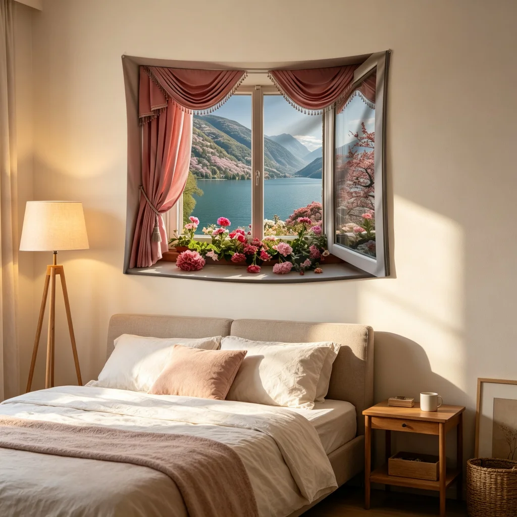 1PC Window Lake View Print Backdrop Banner, Bedroom Living Room Photo Background, Polyester Wall Hanging, Home Decor, Wall Art
