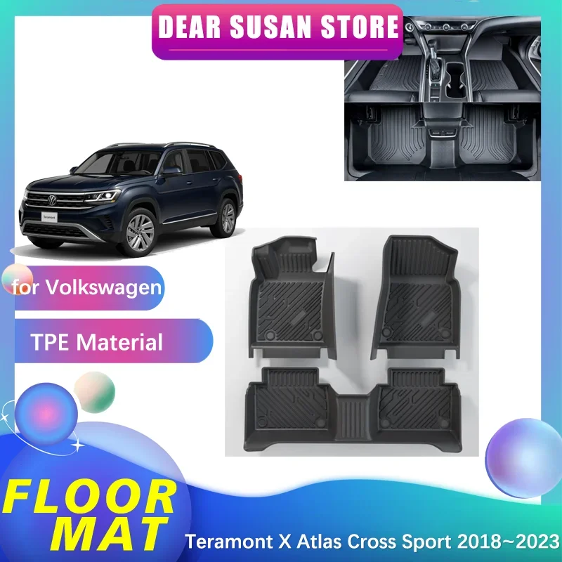 Car Floor Mat for Volkswagen VW Teramont X Atlas Cross Sport 2018~2023 Foot TPE Liner Carpet Pad Custom Cover Rug Accessories