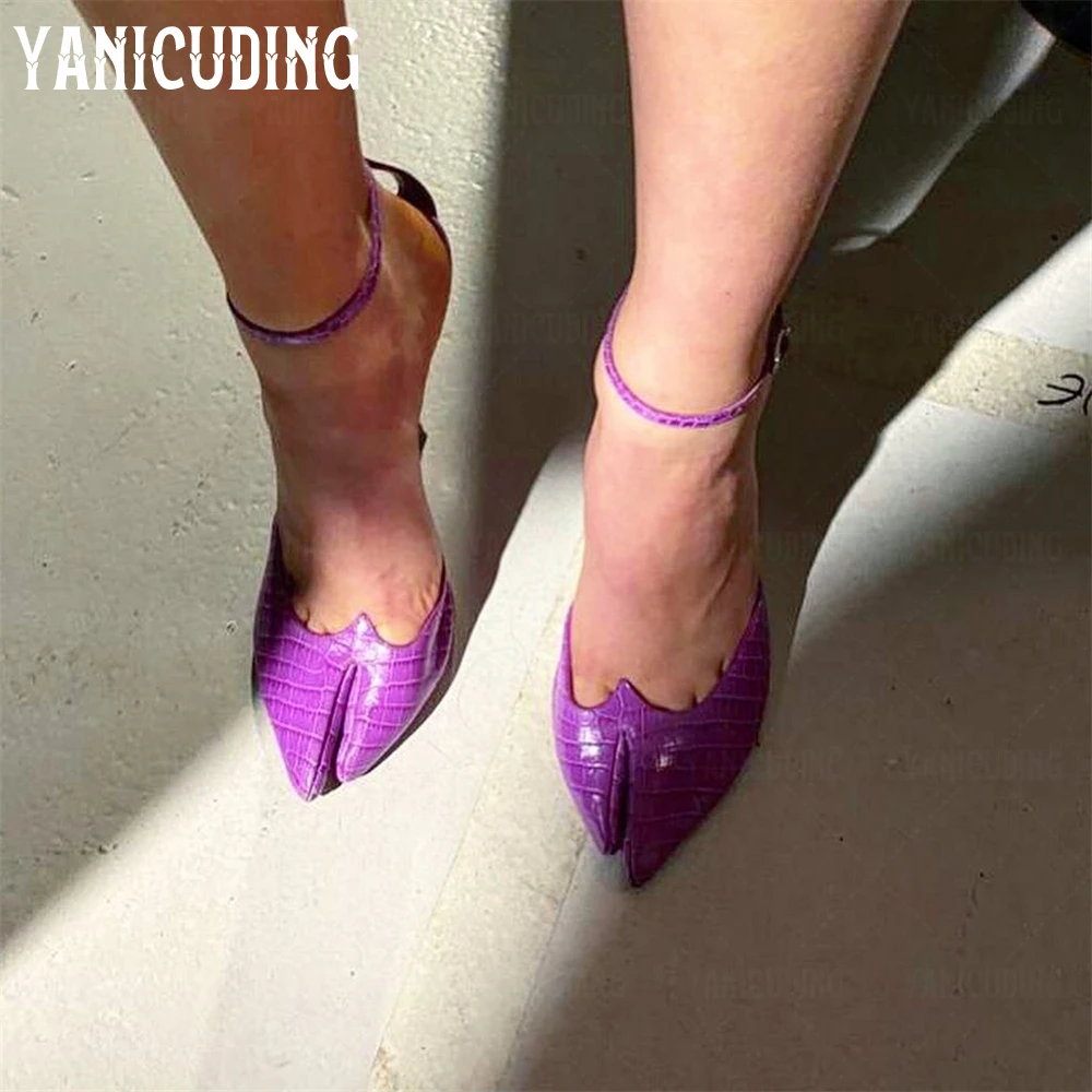 Purple Croc Heart Lobster Heels Pointed Cleft Toe Stiletto Pumps Adjustable Pin-Buckle Ankle Strap Novelty High Heels for Women