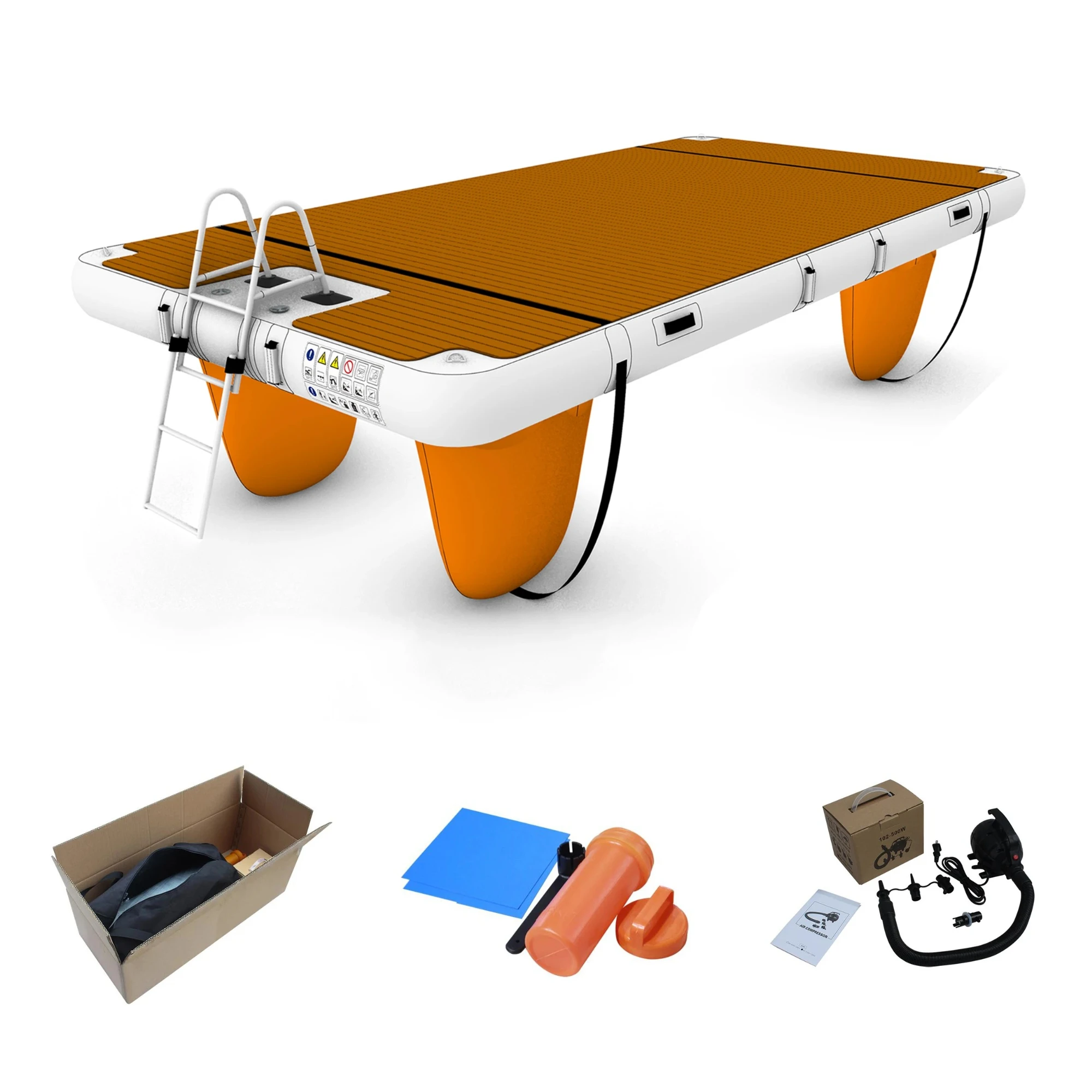 Teak Inflatable Floating Dock Platform 20cm Thick Water Island Swim Deck Yacht Floating Raft with Stainless Steel Ladder
