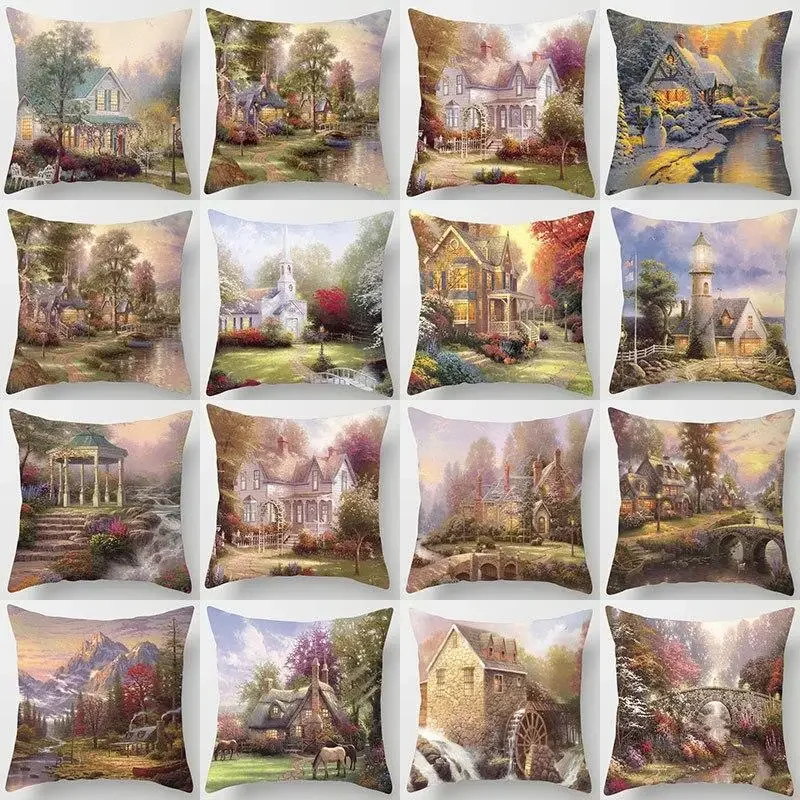 

Retro Rural Color Cities Pillowcase Creative Cushion Cover for Sofa Home Car Decor Colorful Cartoon House Pillow Case