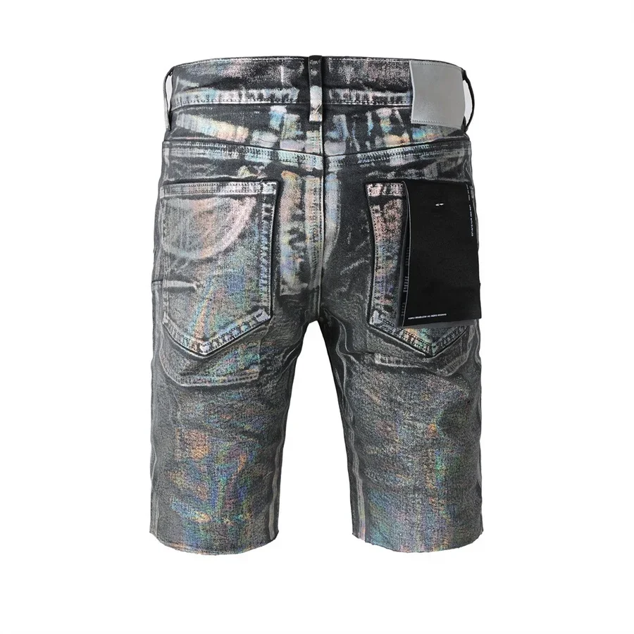 Top quality New Purples Jeans Men Trendy Elastic Edged Middle brands Irregular Silver coating Washed Denim Shorts pants