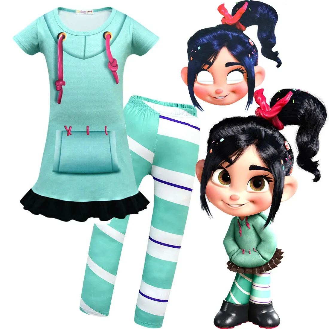 Girls Wreck-It Ralph 2 Clothes Vanellope Von Schweetz Vocaloid Cosplay Halloween Costume Kids Dress Pants Sets Clothing for Girl