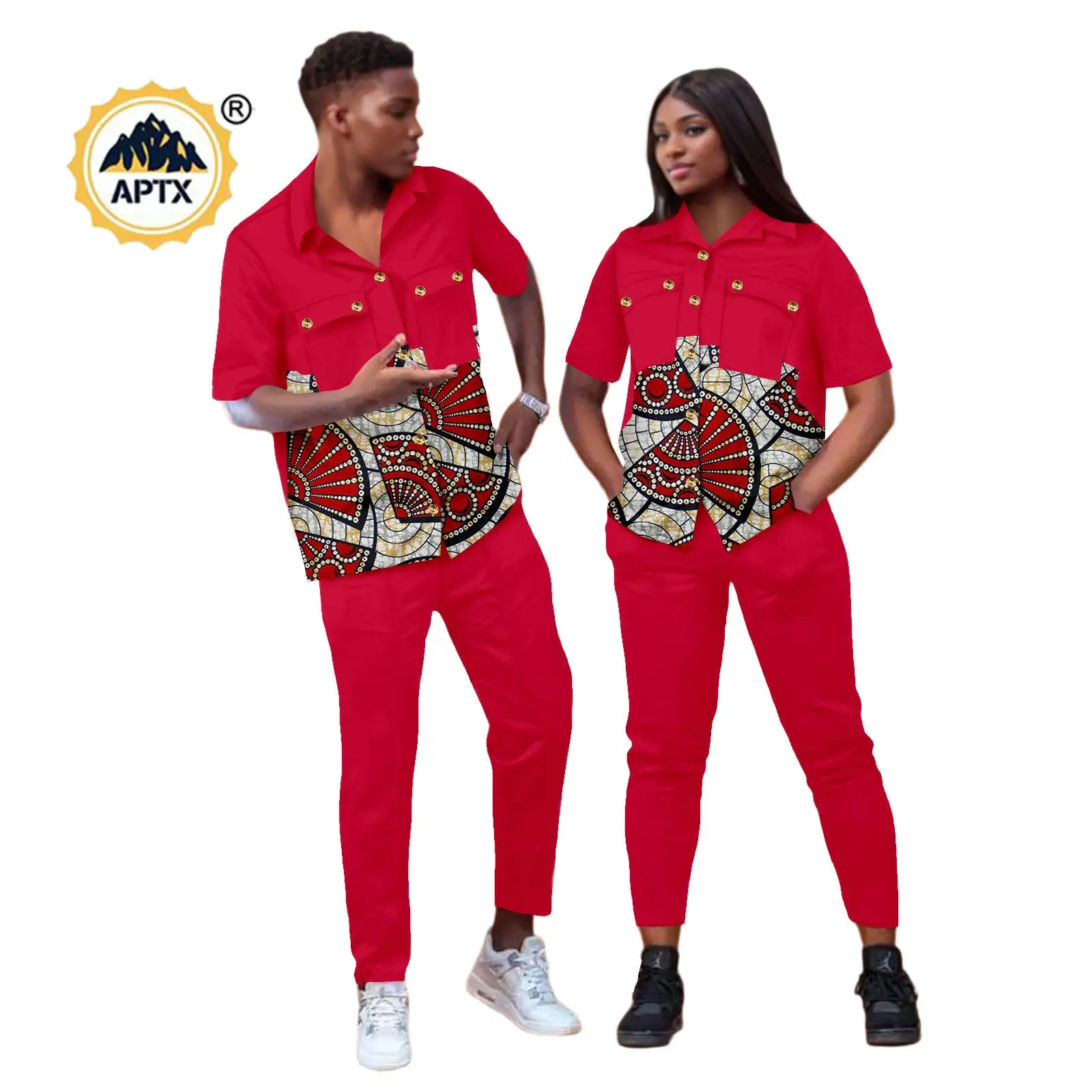 African Clothes for Women Suits Matching Couple Outfits Dashiki Men Patchwork Print Turn-down Collar Top and Pant Sets 25C023