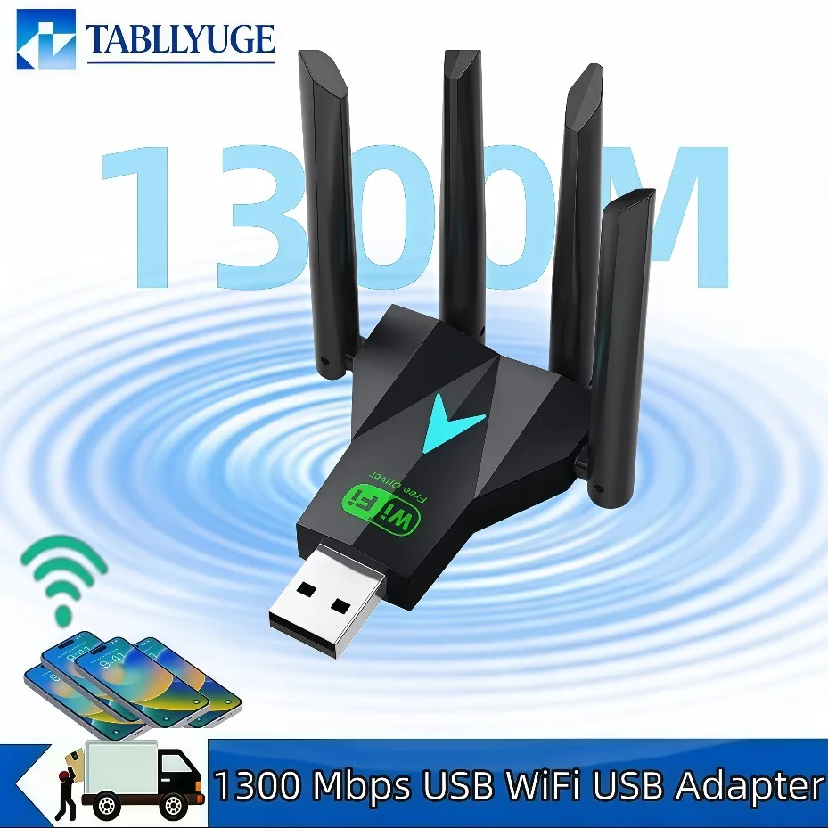 1300Mbps USB 3.0 WiFi Adapter Dual Band 2.4G 5GHz Wireless Network Adapter 4 Antennas WiFi Receiver Dongle for Desktop Laptop PC