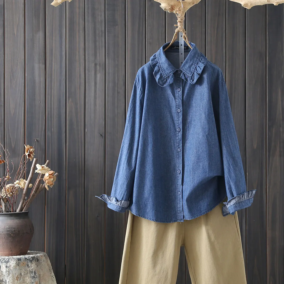 قميص دينيم نسائي بأكمام طويلة لفصلي الربيع والخريف، مقاس كبير، ياقة مطوية، أزرار أمامية، طبقة أساسية، قميص عصري، توب أنيق من ...