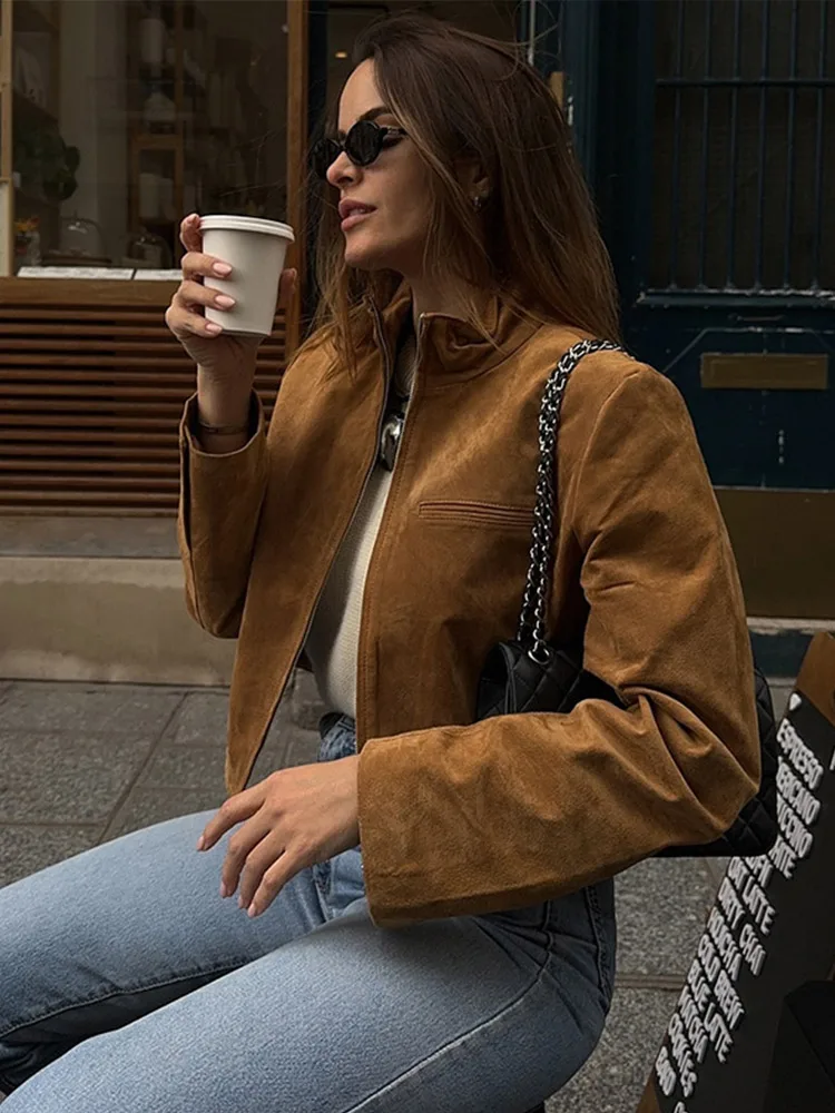 Colletto alla coreana in pelle scamosciata con cerniera Giacche corte da donna Casual Slim Giacca a maniche lunghe marrone Donna Primavera Chic Stile quotidiano Capispalla Top