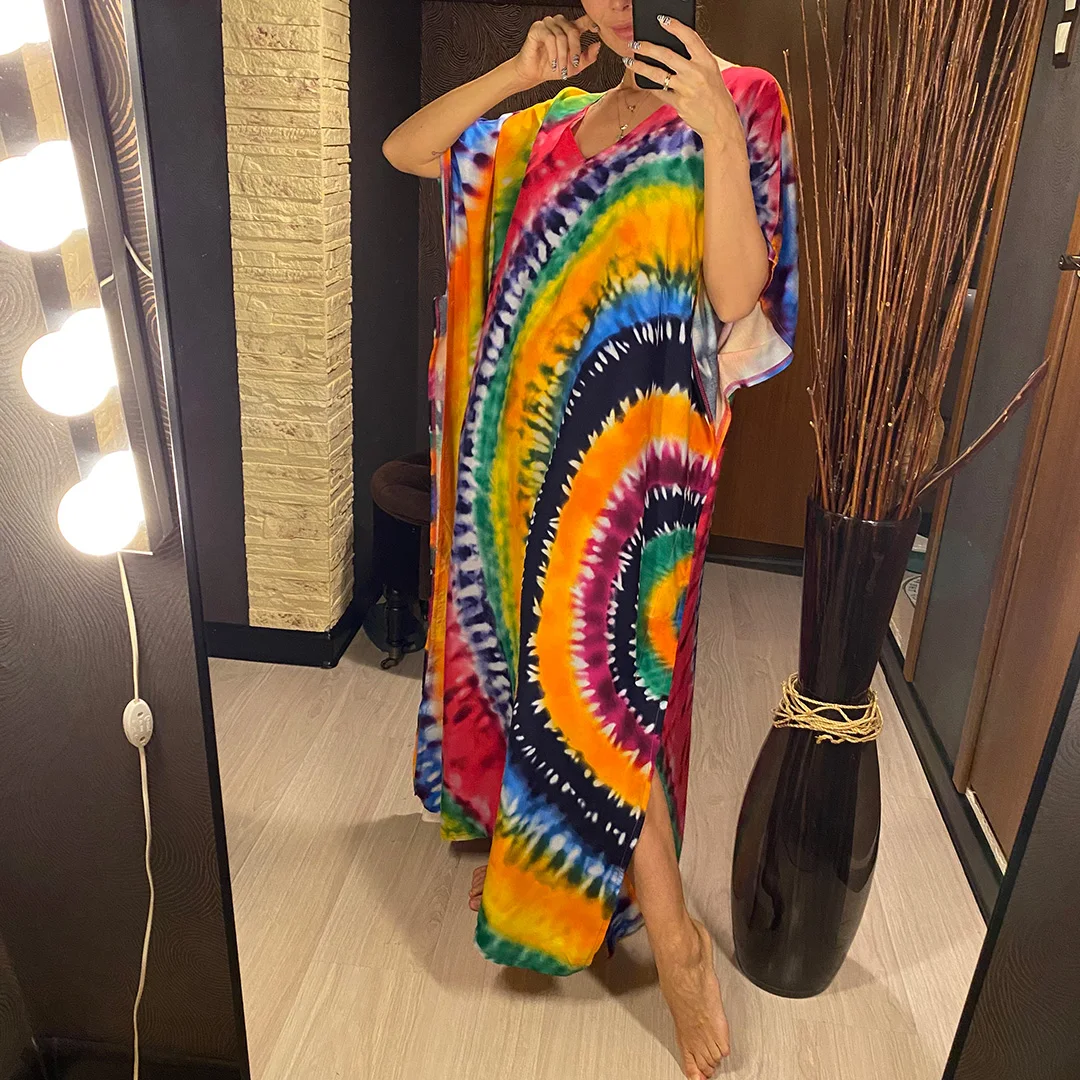 2026 Neues Buntes Kaftan-Tunika Strandkleid Strandmode Strandüberwurf Locker Sitzendes Maxikleid für Damen V4428 – Detail 5