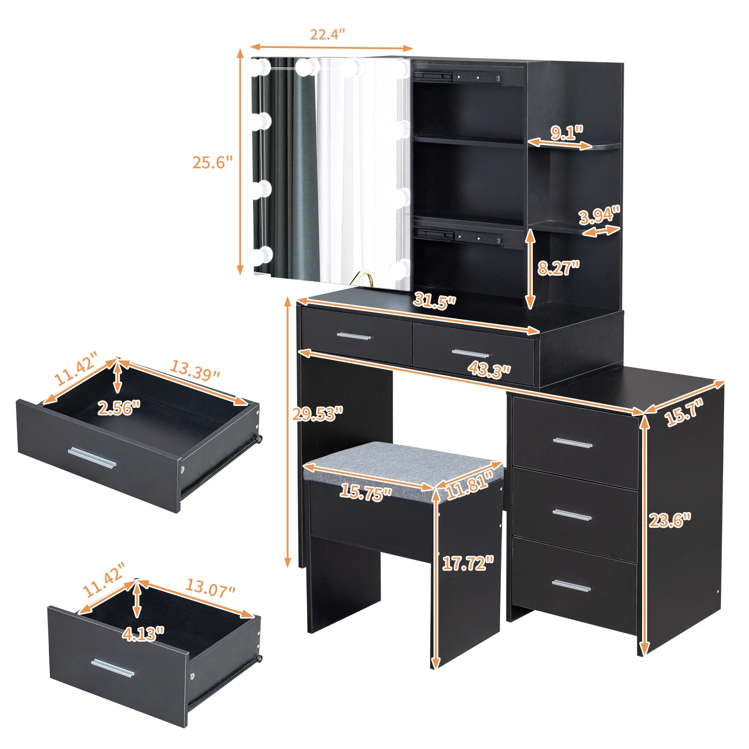 FCH Particleboard Triamine Veneer 5 Pumps 2 Shelves Mirror Cabinet Three Dimming Light Bulb Dressing Table Set Black