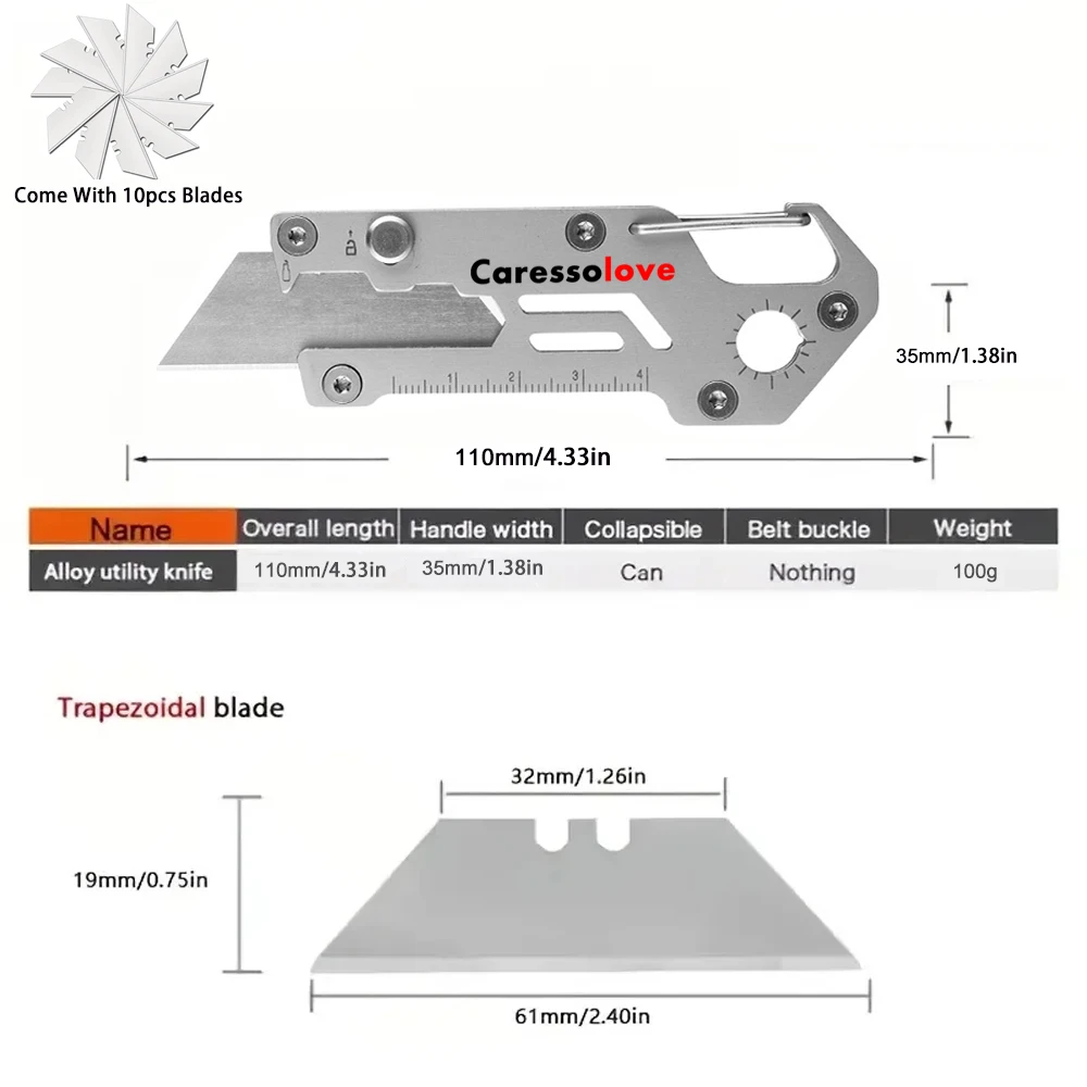 4-in-1Retractable Cardboard Box Cutter Silver Folding Utility Knife Quick Change Blade Pocket Knife Come with 10pcs Extra Blades