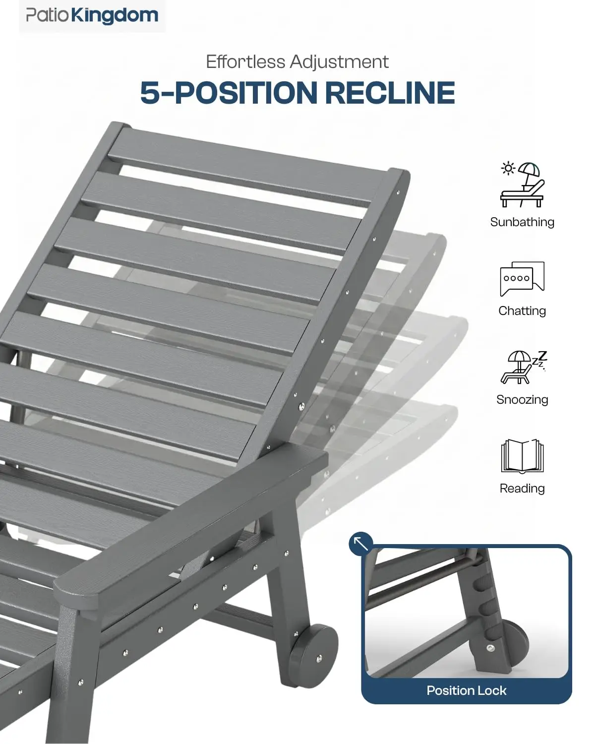 5-Position Adjustable HDPE Outdoor Chaise Lounge with Cup Holder & Wheels for Poolside Beach Deck, Grey, Customized