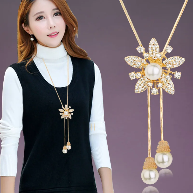 Women Sweater Chain Necklace Gold Color Crystal Geometric Flower Pendant Long Necklaces Jewelry Clothing Accessories