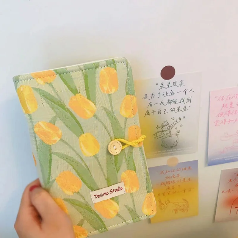 A6 Ins Tulip Fabric Cover Binder Handbook Girl Student Writing Grid and Blank Sketchbook Cute Portable Diary Journal Stationery