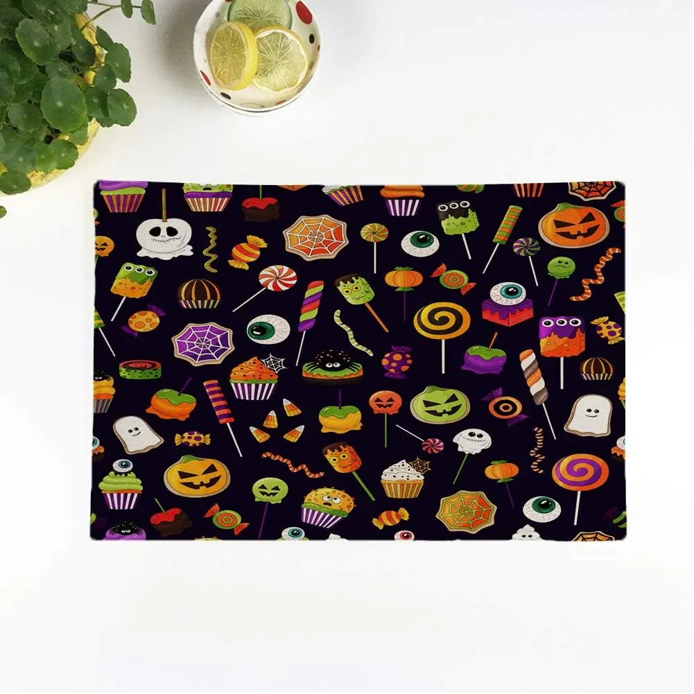 Set of 4 Placemats Halloween Sweets Pattern Candies with Halloween Elements and Ornaments Many Types Non-Slip Washable Place