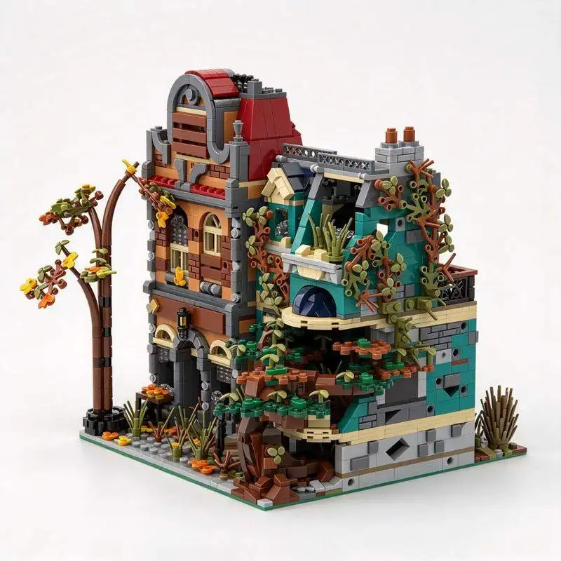 3279PCS Ruined Library Building Blocks Abandoned Town Bookstore Street Overgrown Model Custom DIY Assembly Toy Creative Gift