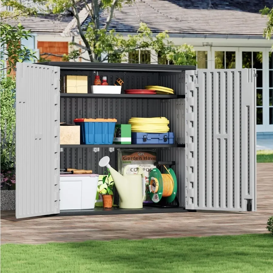 Outdoor Storage Shed for Patio, Garden Lawn; Resin Material, Gray; All-weather Resistant with Floor and Double-layer Plastic Co
