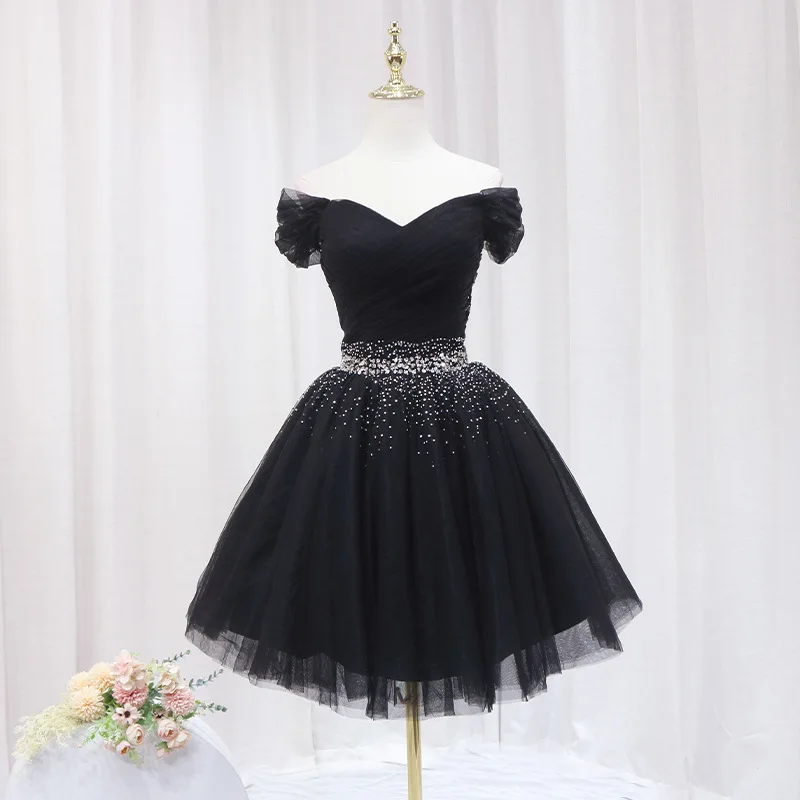 

Fashion New Black Short Length Off The Shoulder Tulle Beading Prom Evening Dress Brithday Formal Occasion Homecoming Skirt