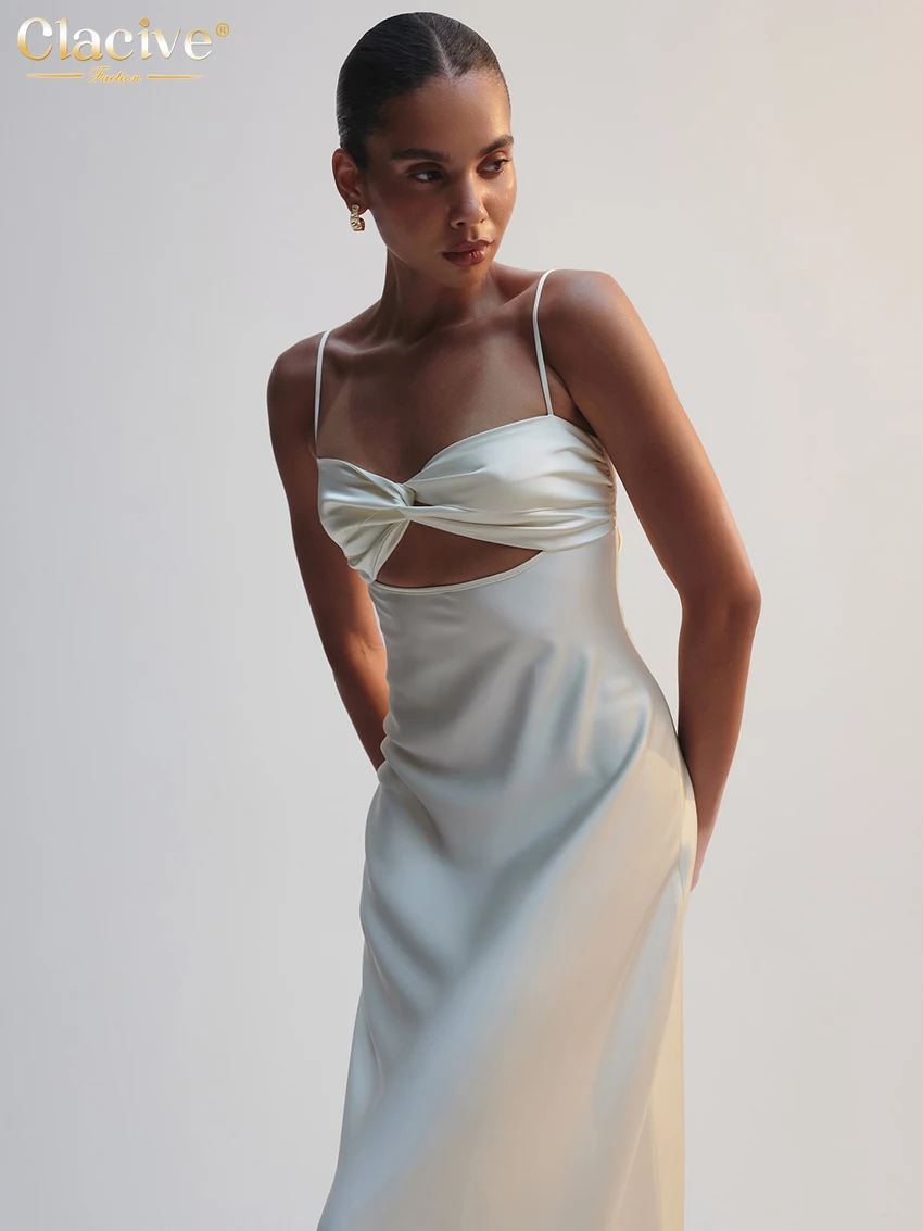 Clacive-vestido Sexy holgado de satén blanco para mujer, vestido largo sin mangas con tirantes, elegante, clásico, calado, para verano 2026
