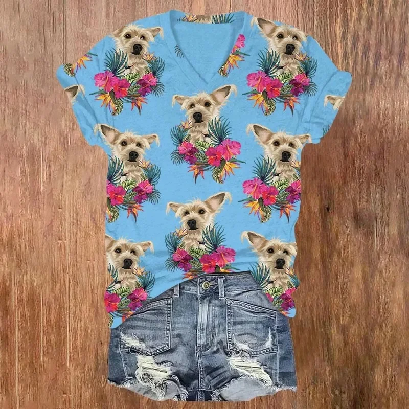 Tropical Plants West Highland Terrier Print Short Sleeved R-neck T-shirt Summer Women's T Shirts
