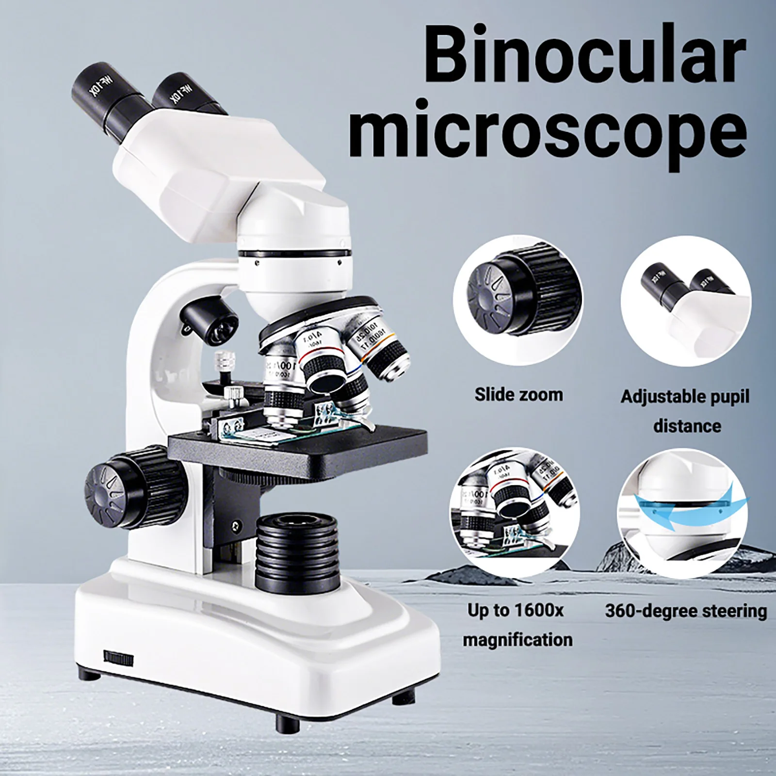Microscopio Binocular para estudiantes, microscopios 64X-1600X, cuerpo metálico, doble iluminación LED, Kit de microscopio compuesto biológico