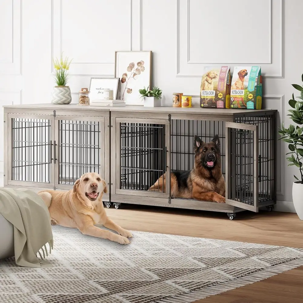 

Large Grey Wooden Dog Crate with Cushion Set, Double Door, Wheels, and Side Table for Dogs up to 85 lbs