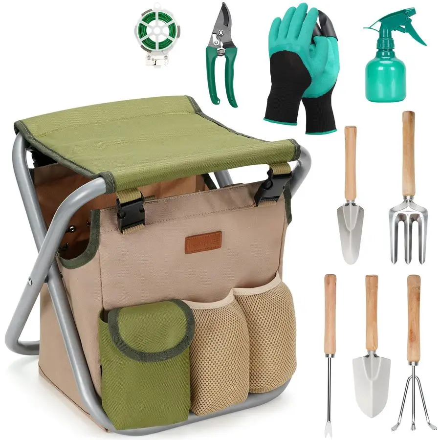 

10 Piece Gardening Hand Tools Set with Garden Storage Tote Bag and SeatBest Garden Tools Kit Organizer Valentines Day Gifts