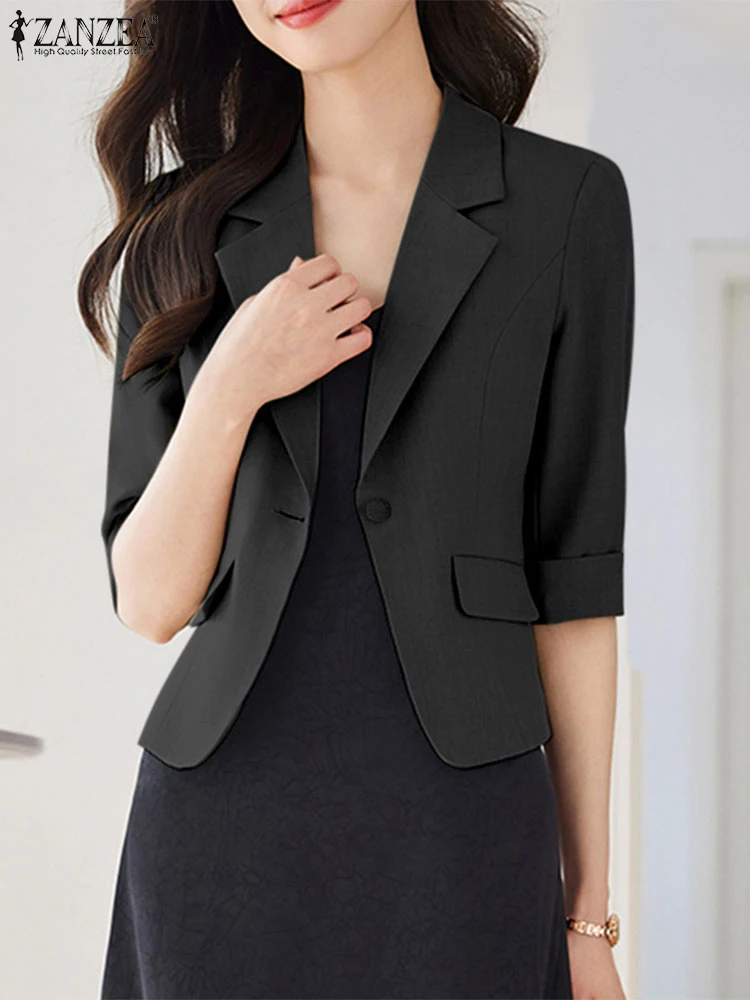 ZANZEA Oficina señora solapa cuello prendas de vestir exteriores mujeres 2024 otoño moda coreana elegante Chaqueta corta 3/4 manga chaqueta de viaje chaquetas